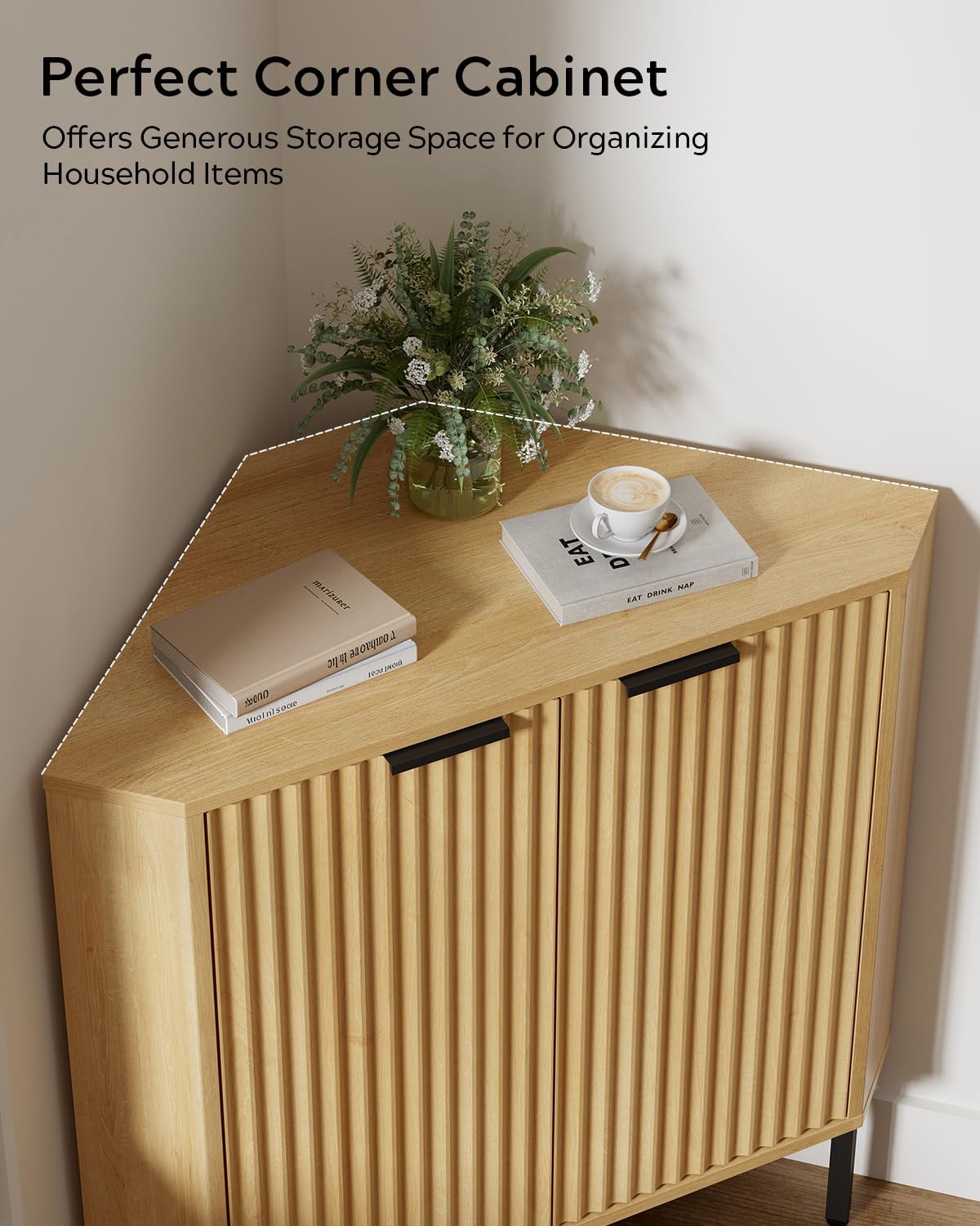 Modern Corner Cabinet, Fluted Small Floor Storage Cabinet with Adjustable Shelf, Freestanding Narrow Organizer for Living Room Kitchen, Natural Oak