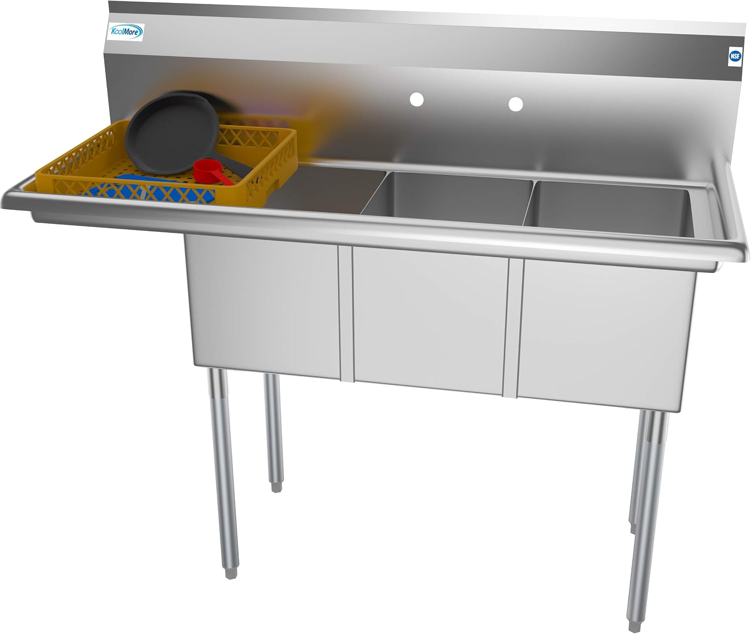 KoolMore 3 Compartment Stainless Steel NSF Commercial Kitchen Sink with Drainboard - Bowl Size 12' x 16' x 10',Silver