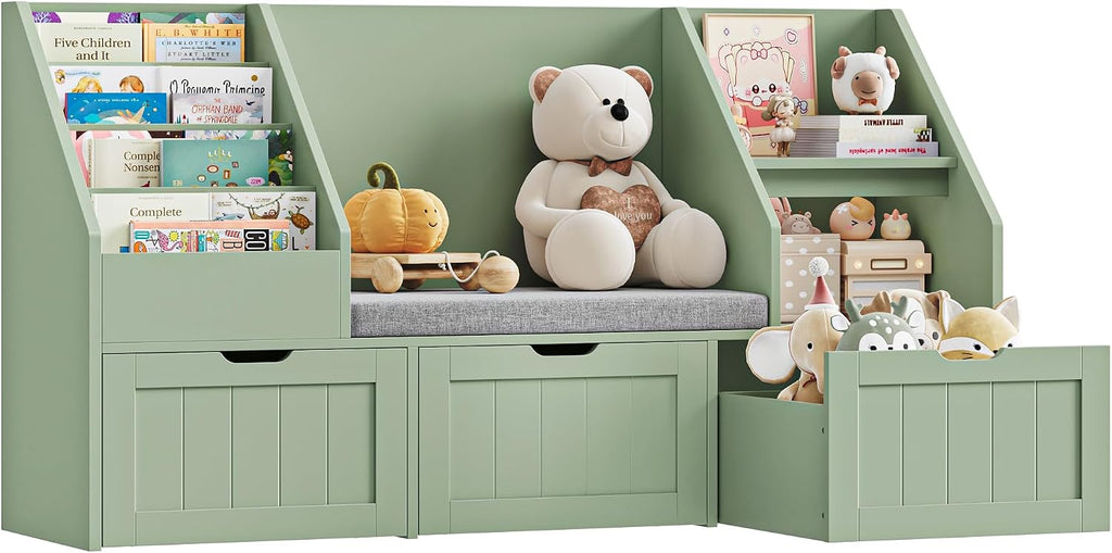 FOTOSOK 55.1'' Kids Bookshelf with Reading Nook, Toy Storage Organizer with Seat Cushion and 3 Movable Drawers, Kids Reading Nook Toy Organizers and Storage with Bench for Playroom, Bedroom, Green
