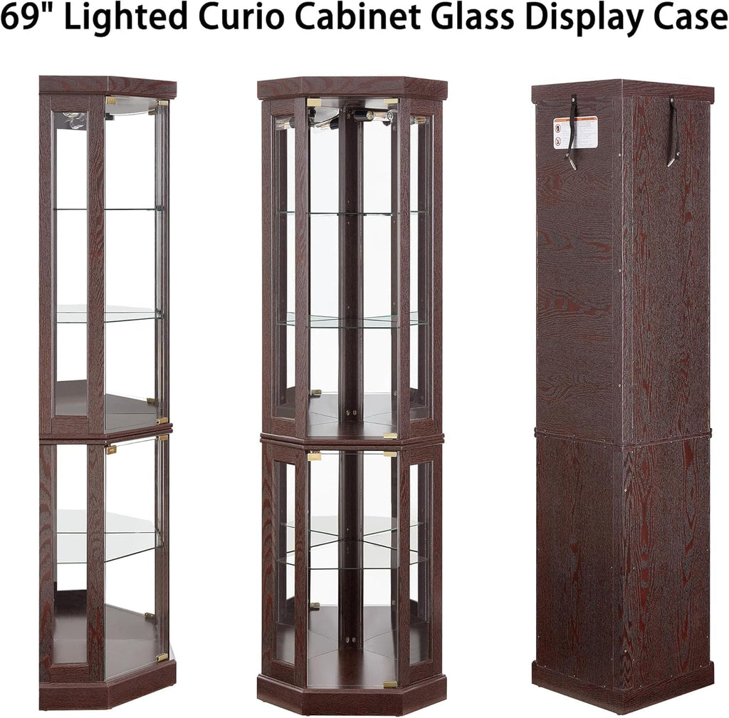 69' H Lighted Corner Curio Cabinet, 5-Tier Curio Glass Display Cabinet with Door & Adjustable Glass Shelves, Wooden Display Showcase Corner Storage Cabinet for Living Room (Dark Cherry)