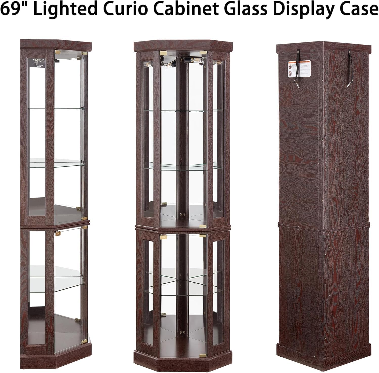 69' H Lighted Corner Curio Cabinet, 5-Tier Curio Glass Display Cabinet with Door & Adjustable Glass Shelves, Wooden Display Showcase Corner Storage Cabinet for Living Room (Dark Cherry)