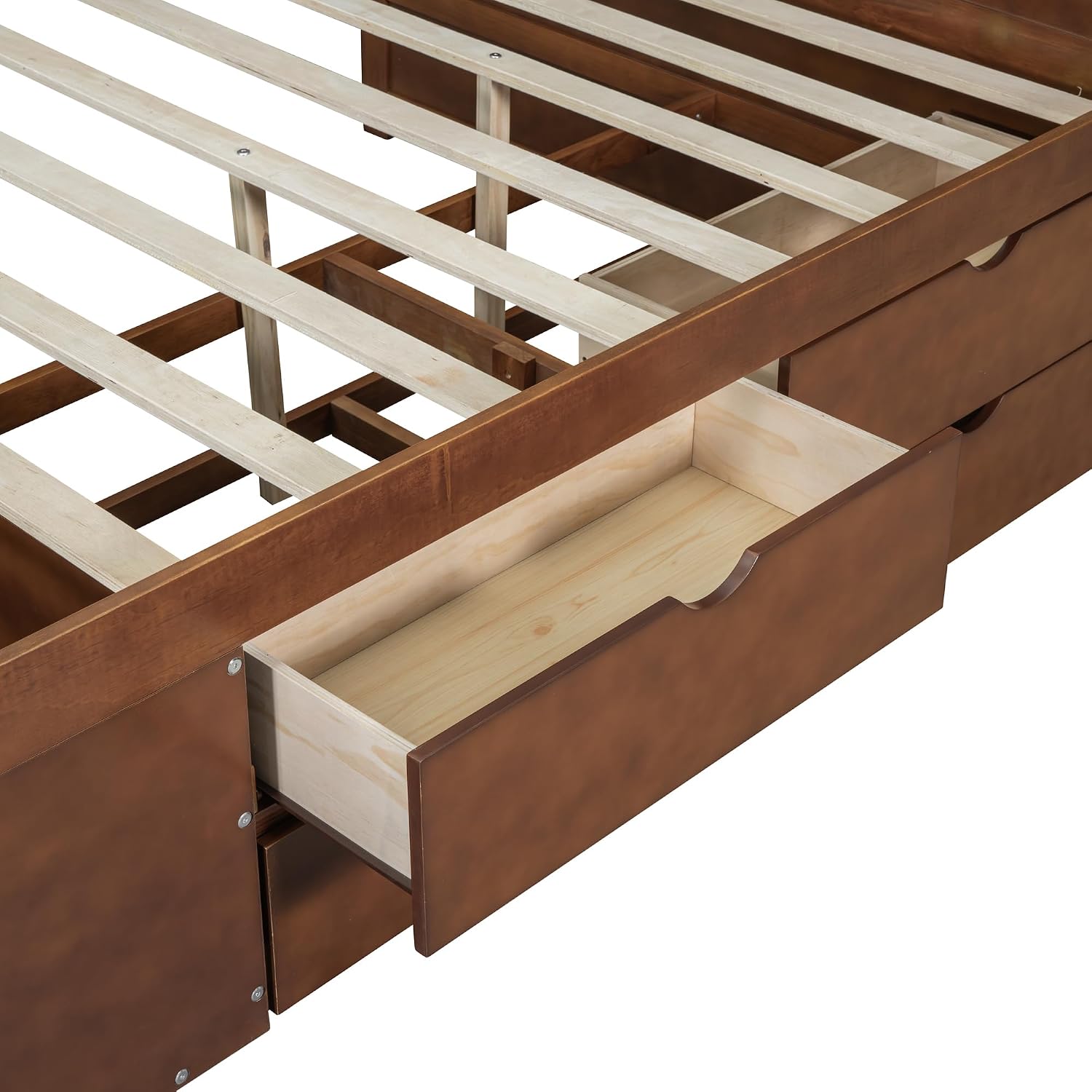 Harper & Bright Designs Wood Corner Daybed with Storage Shelves and 4 Drawers,Full Size Floor Storage Platform Bed Frame with L Shape Heaboard for Bedroom Nook,No Box Spring Needed,Walnut