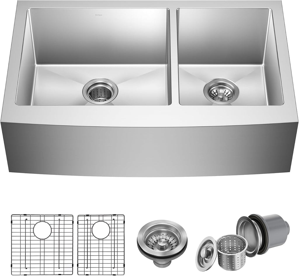 KRAUS Standart Pro 33-Inch Apron Front Farmhouse 16-Gauge 60/40 Double Bowl Stainless Steel Kitchen Sink, KHF203-33