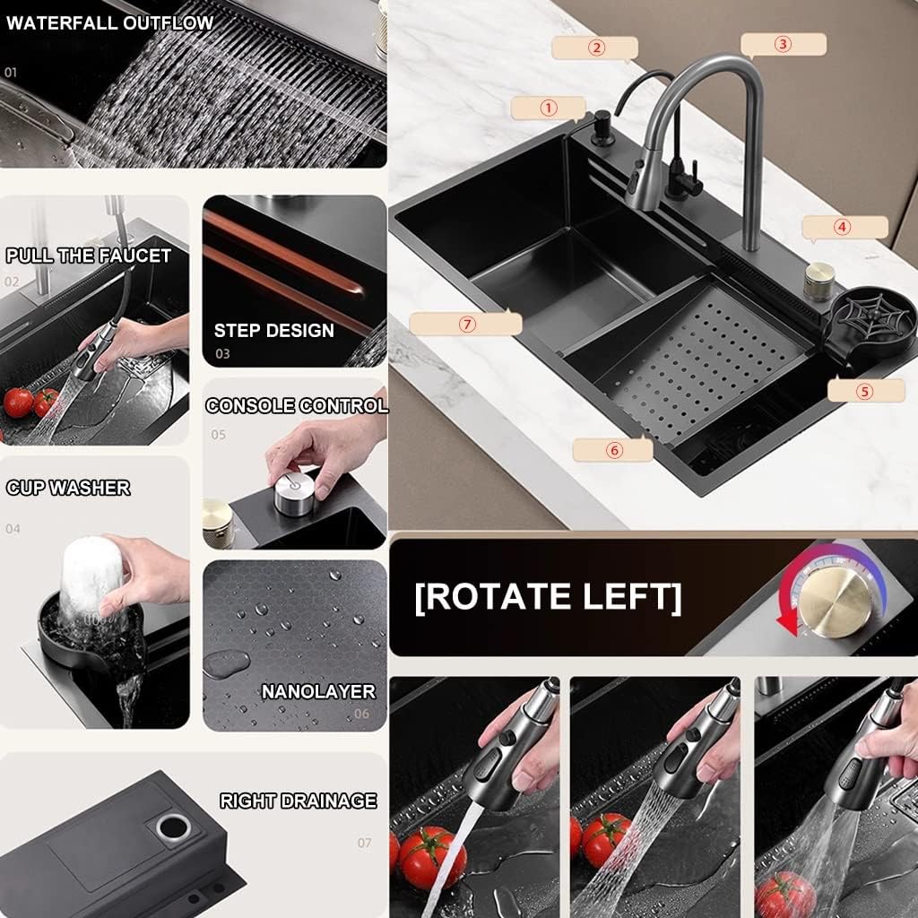 Stainless Steel Single-Bowl Kitchen Workstation Sink Washing Draining and Cutting 3-in-1 Utility Sink Multi-Functional Farmhouse Sink (Color : Black, Size : 68x45x22cm) (Black 68x45x22cm)