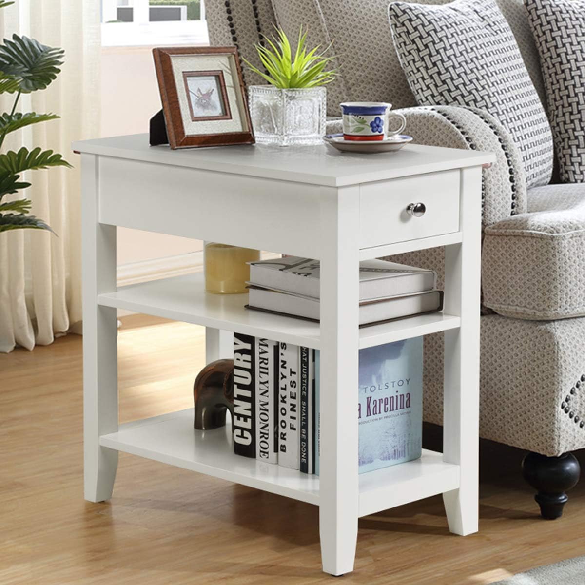 Giantex Narrow End Table Set of 2, Small Side Table with Drawer and Shelf, Wood Accent Sofa Table, Skinny Nightstand for Small Space Living Room Bedroom, White