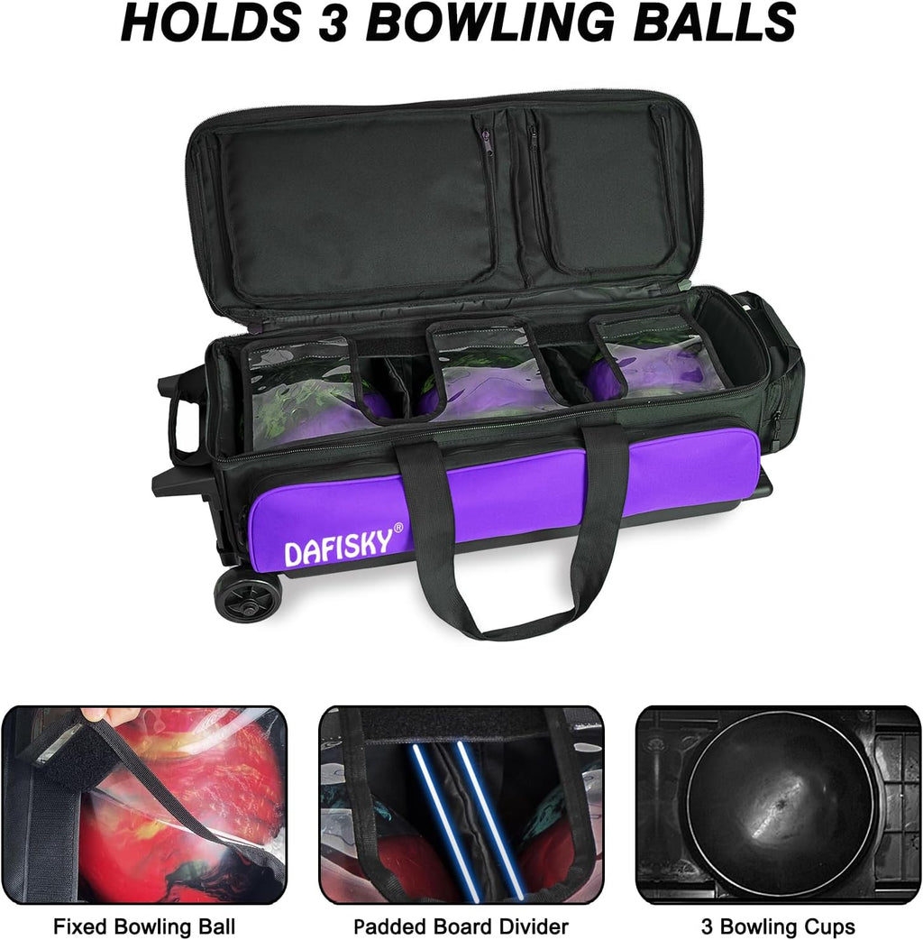 DAFISKY 3 Ball Bowling Bags with Wheels, Roller Bowling Bag with Multiple Pockets Retractable Handle Extends to 38''