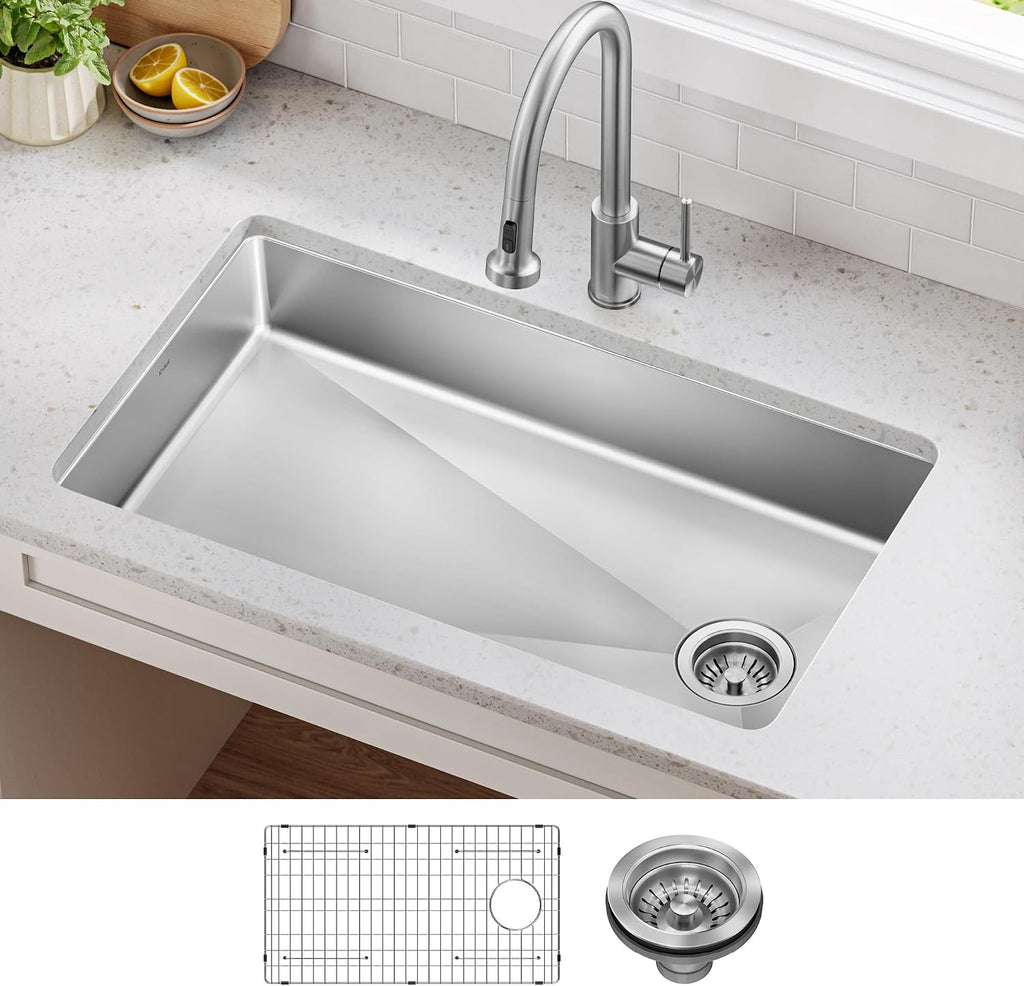 KRAUS Fairlane 33-inch ADA Compliant Undermount Single Bowl 18-Gauge Stainless Steel Kitchen Sink, KHU640-33-5.5