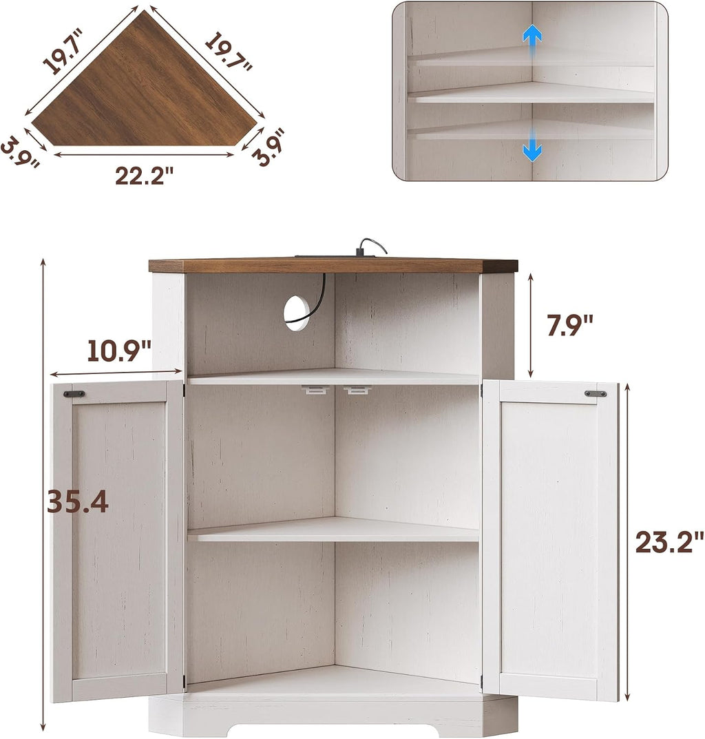 Vabches Farmhouse Corner Cabinet with Charging Station,Small Corner Storage Cabinet with Barn Doors and Adjustable Shelves for Living Room,Bathroom,and Kitchen