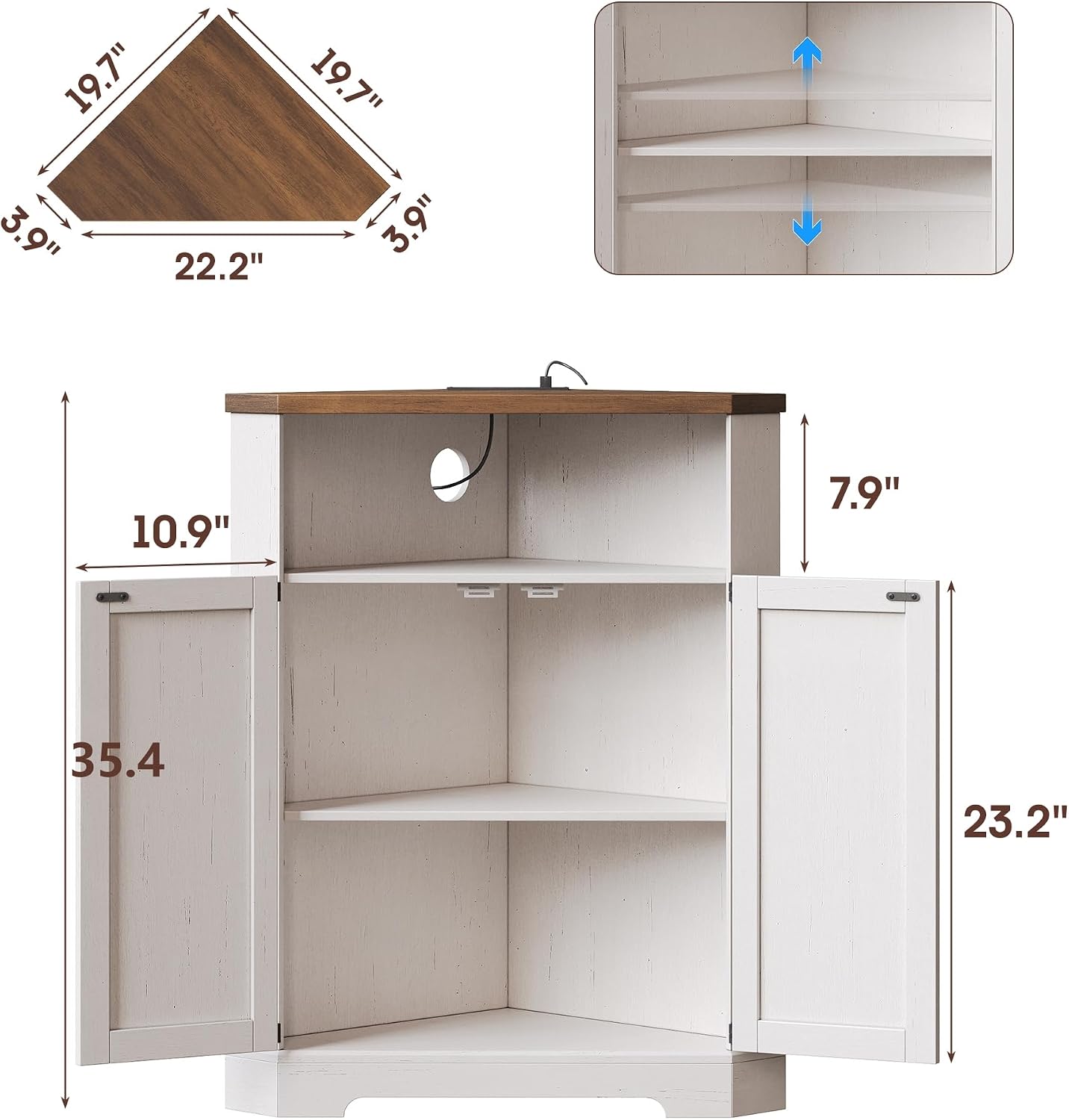 Vabches Farmhouse Corner Cabinet with Charging Station,Small Corner Storage Cabinet with Barn Doors and Adjustable Shelves for Living Room,Bathroom,and Kitchen