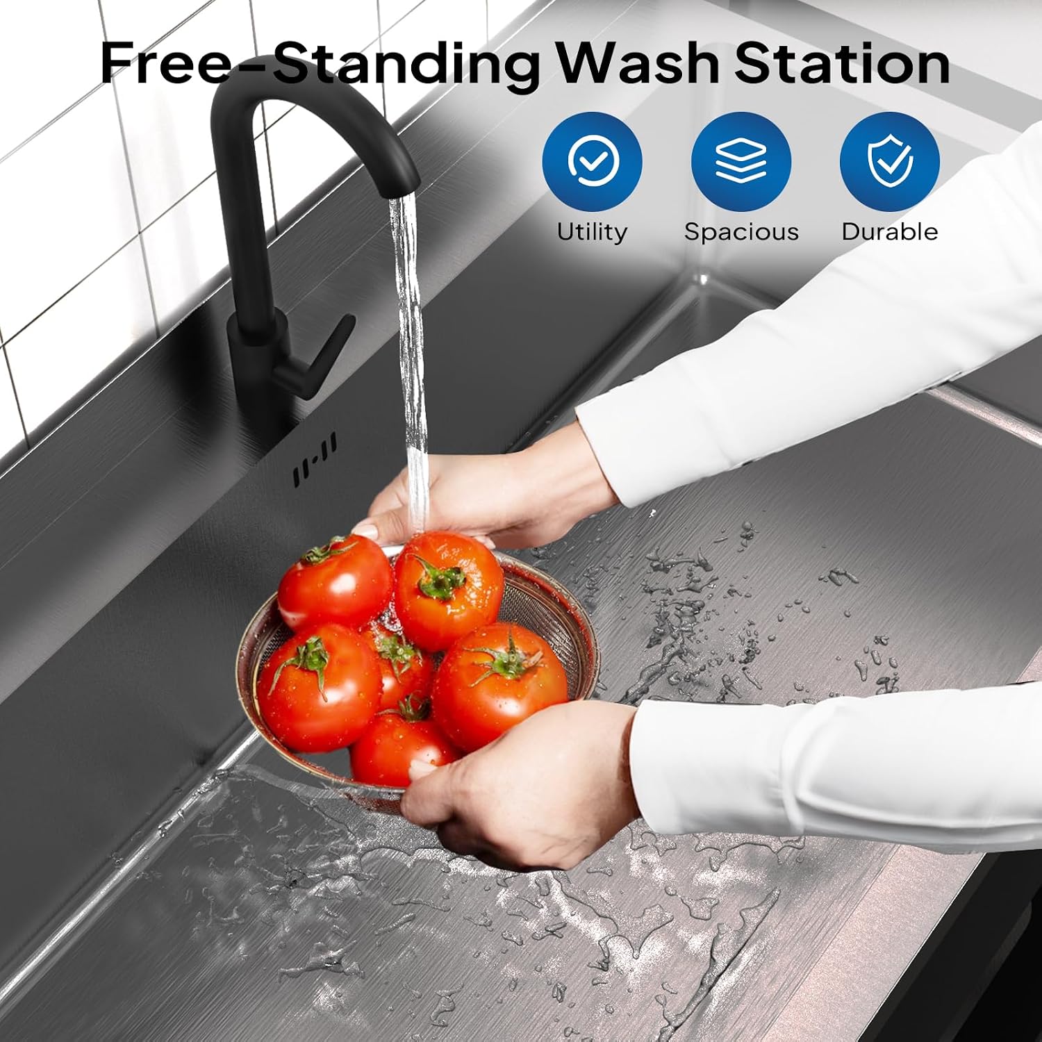 ROVSUN Black Electroplated Stainless Steel Utility Sink with Towel Rack and Storage Shelf, 23.2'D x 41.7'W x 38.9'H, Freestanding Laundry & Prep Sink for Home, Restaurant, Garage, and Outdoor Use