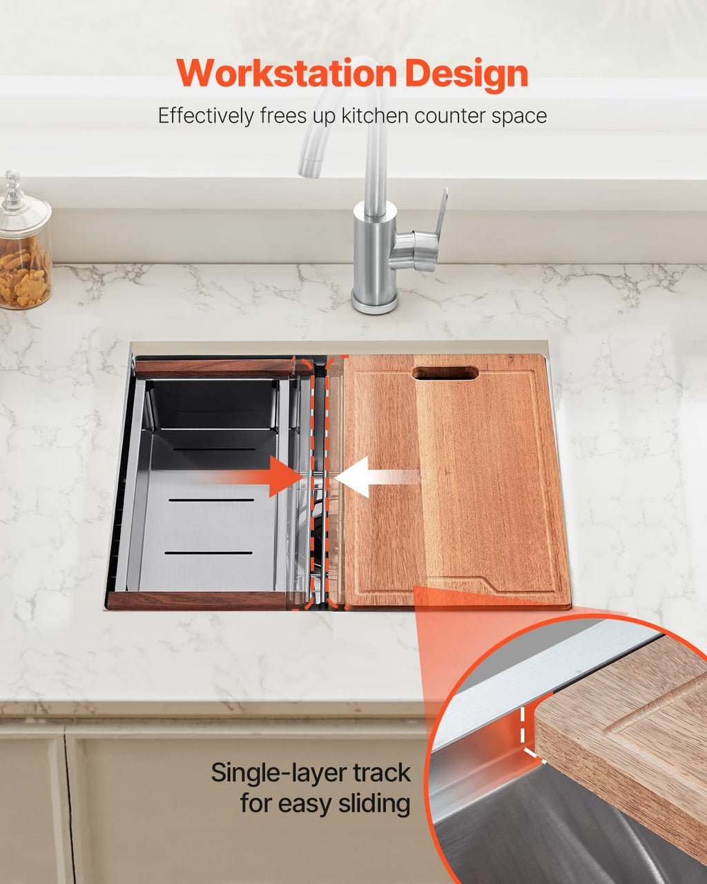 VEVOR 23 inch Kitchen Single Sink, 304 Stainless Steel Undermount Sink Drop-In Single Bowl Farmhouse Basin with Ledge & Multiple Accessories, Household Dishwasher Sinks for Prep Kitchen, Bar 23'*19'