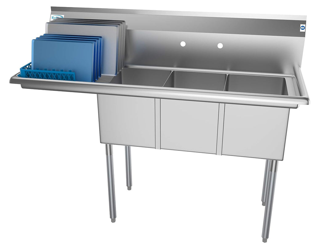 KoolMore 3 Compartment Stainless Steel NSF Commercial Kitchen Sink with Large Drainboard - Bowl Size 12' x 16' x 10', Silver