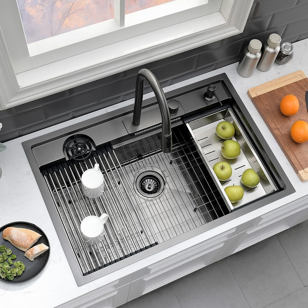 33 Black Drop In Waterfall Kitchen Sink Workstation-VASOYO 33x22 Black Stainless Steel Waterfall Kitchen Sink with Facuet and Cup Washer 16 Gauge Multifunctional Deep Single Bowl Topmount Smart Sinks
