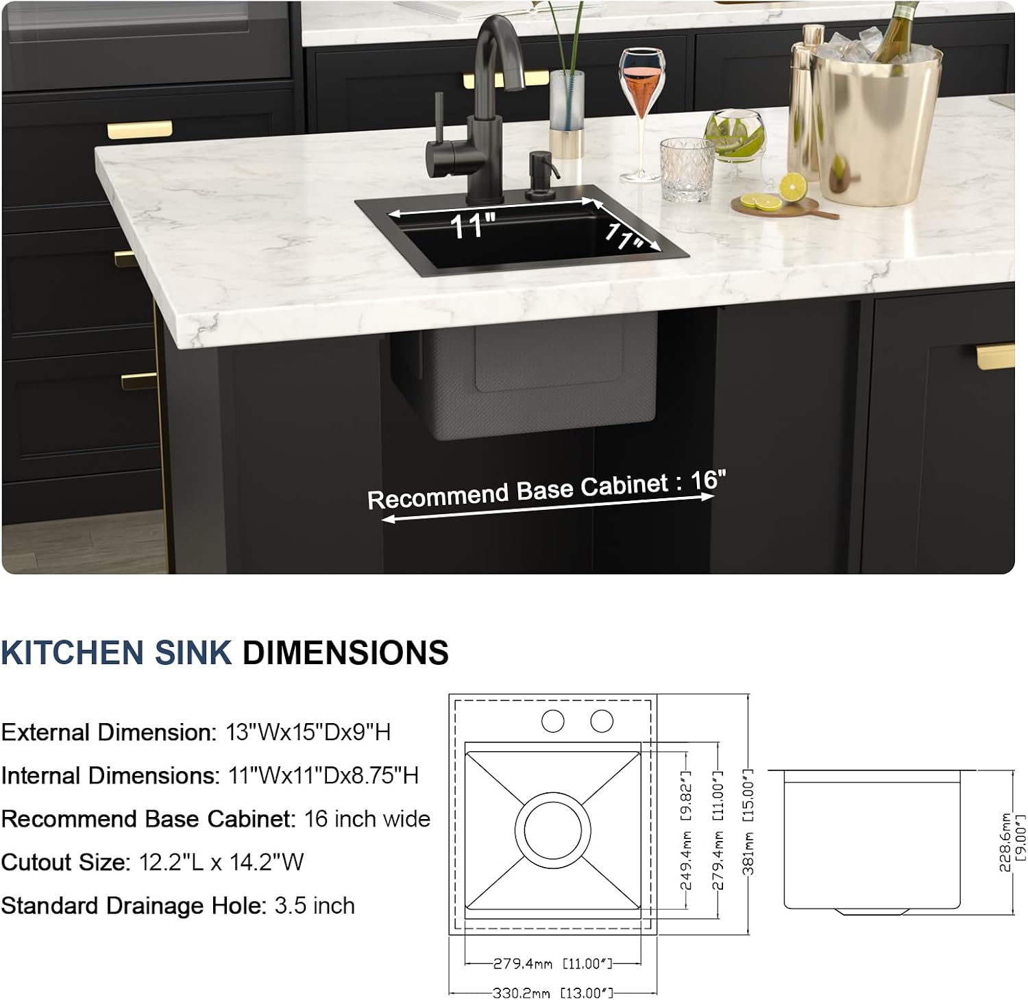 Lordear 13'x15' Bar Sink with Faucet - Drop In Bar Sink Workstation 16 Gauge 304 Stainless Steel Single Bowl Top Mount Wet Bar RV Prep Outdoor Kitchen Sink 13x15x9 Inch