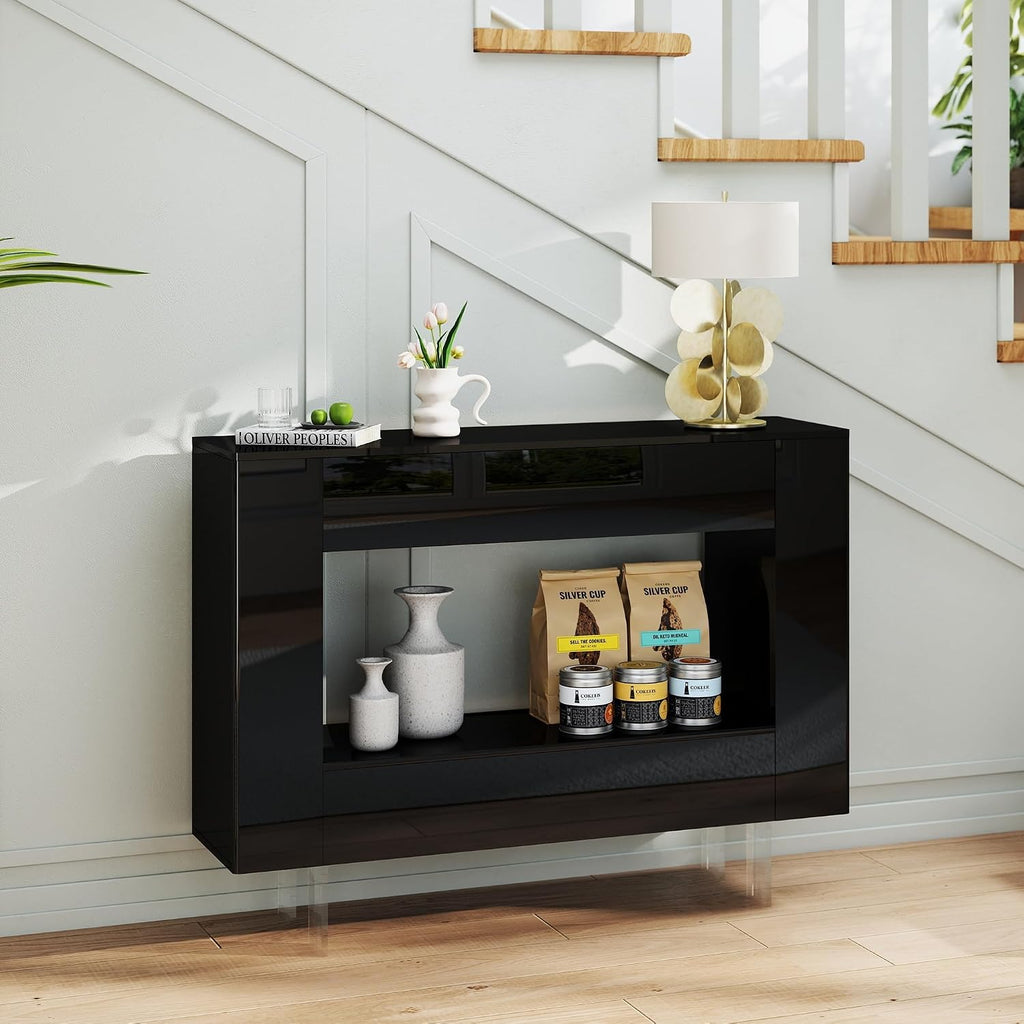 High Gloss Console Table with Hidden Side Storage Cabinets, Adjustable Shelves, Black Modern Black Entryway Sofa Table for Behind The Couch, Living Room, Hallway,