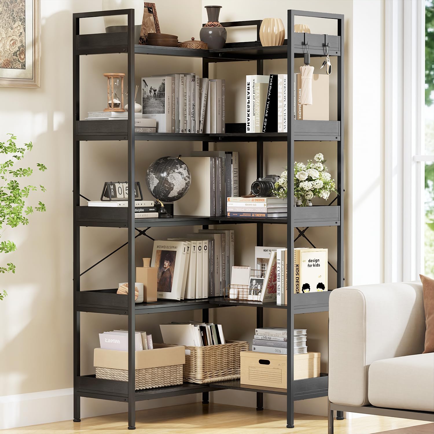 KOUSEI 5-Tier Corner Bookshelf, Reversible L-Shaped Bookcase with 4 Hooks, 65' Industrial Wood & Metal Storage Shelf for Living Room, Home Office & Bedroom, Black