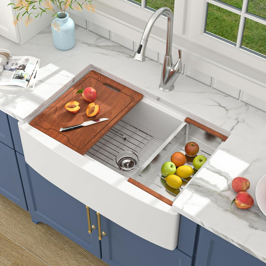 Lordear 33 Inch White Farmhouse Kitchen Sink – 33x21x10 Inch Fireclay Workstation Apron Front Single Bowl Porcelain Ceramic Farm Sinks