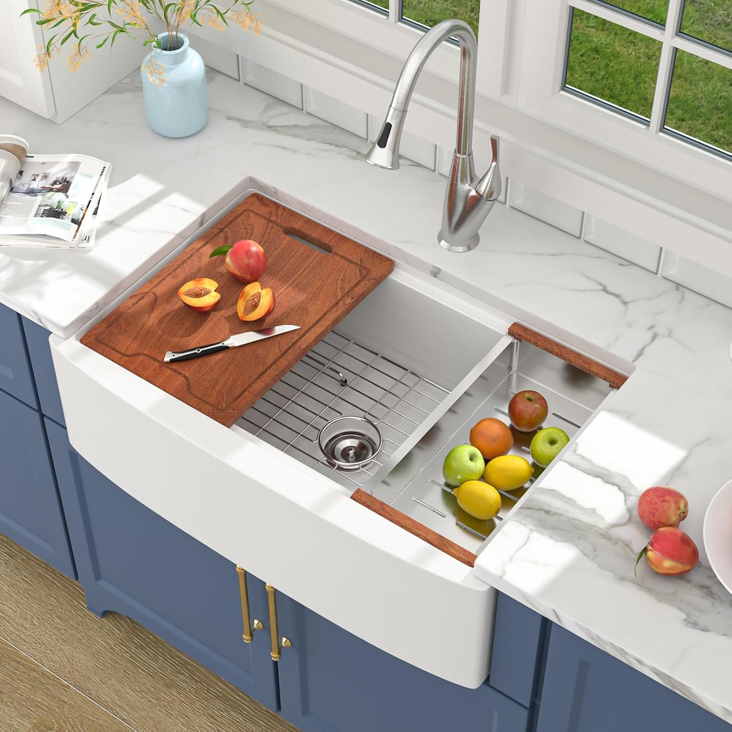 Lordear 33 Inch White Farmhouse Kitchen Sink – 33x21x10 Inch Fireclay Workstation Apron Front Single Bowl Porcelain Ceramic Farm Sinks