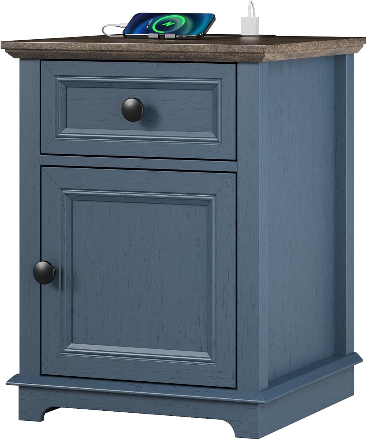 REDAYFUR 24' Tall End Table with Fast Charging Station, Square Side Table with Drawer & Large Storage Cabinet, Vintage Wooden Table for Living Room/Bedroom, Blue