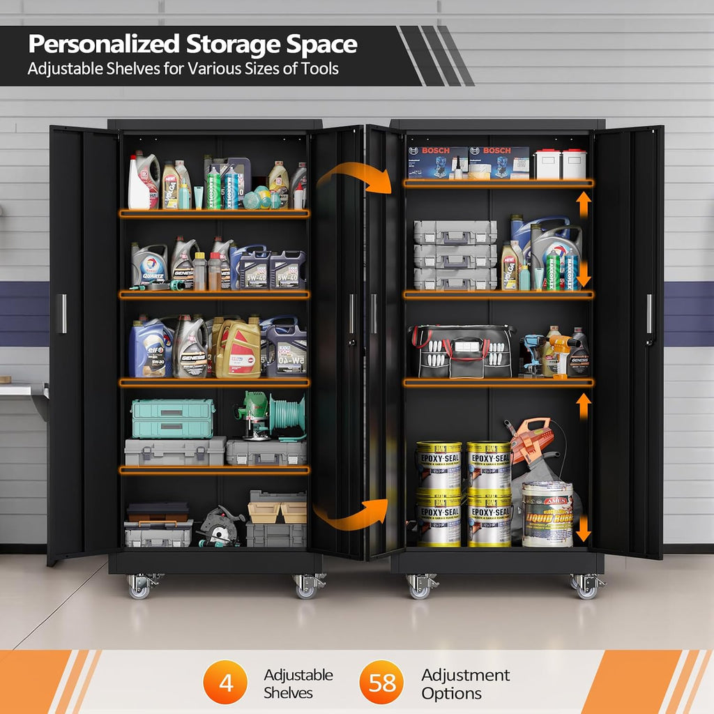 VINGLI Rolling Metal Storage Cabinet with Adjustable Shelves, 71'' Tall Garage Storage Cabinet with Wheels, Locking Tool Cabinets for Home Office Garage Gym School (Black)