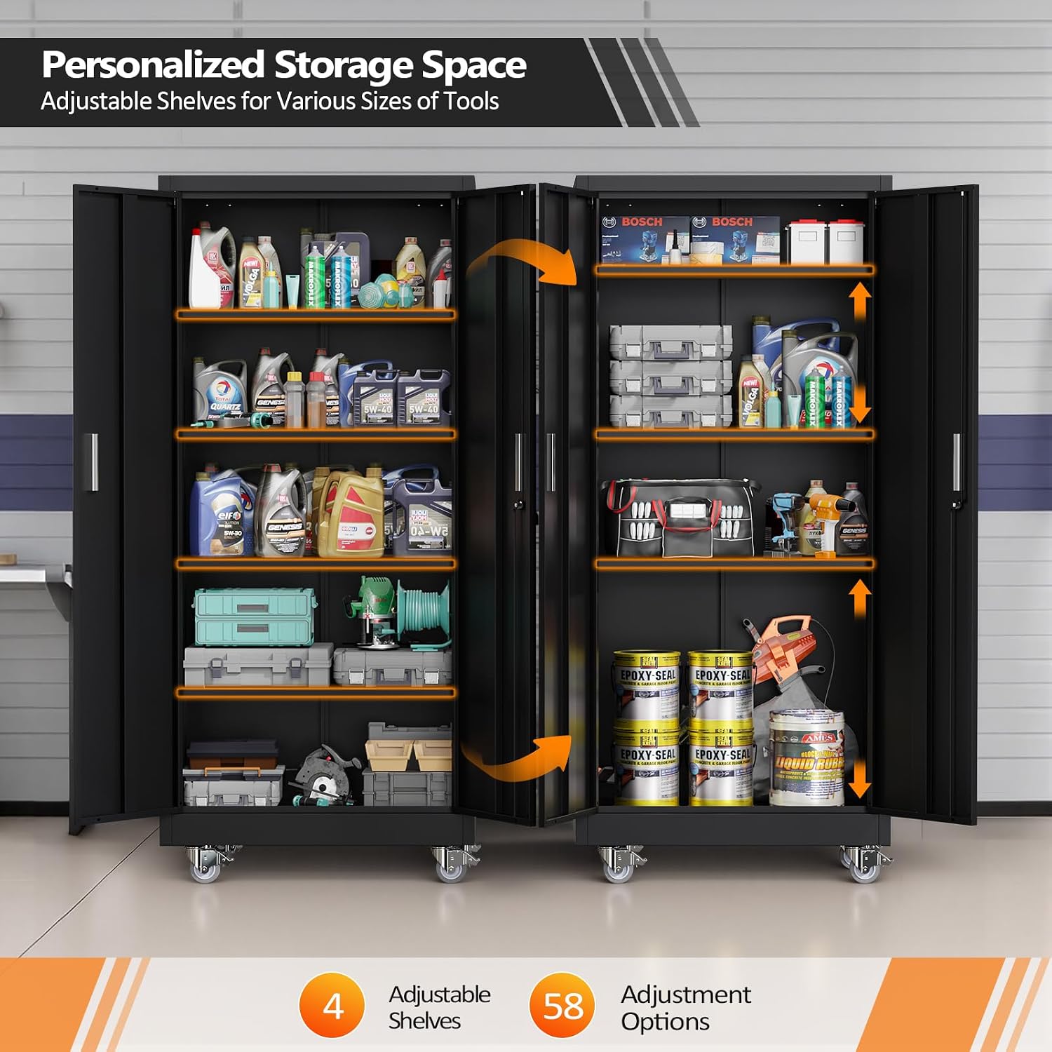 VINGLI Rolling Metal Storage Cabinet with Adjustable Shelves, 71'' Tall Garage Storage Cabinet with Wheels, Locking Tool Cabinets for Home Office Garage Gym School (Black)