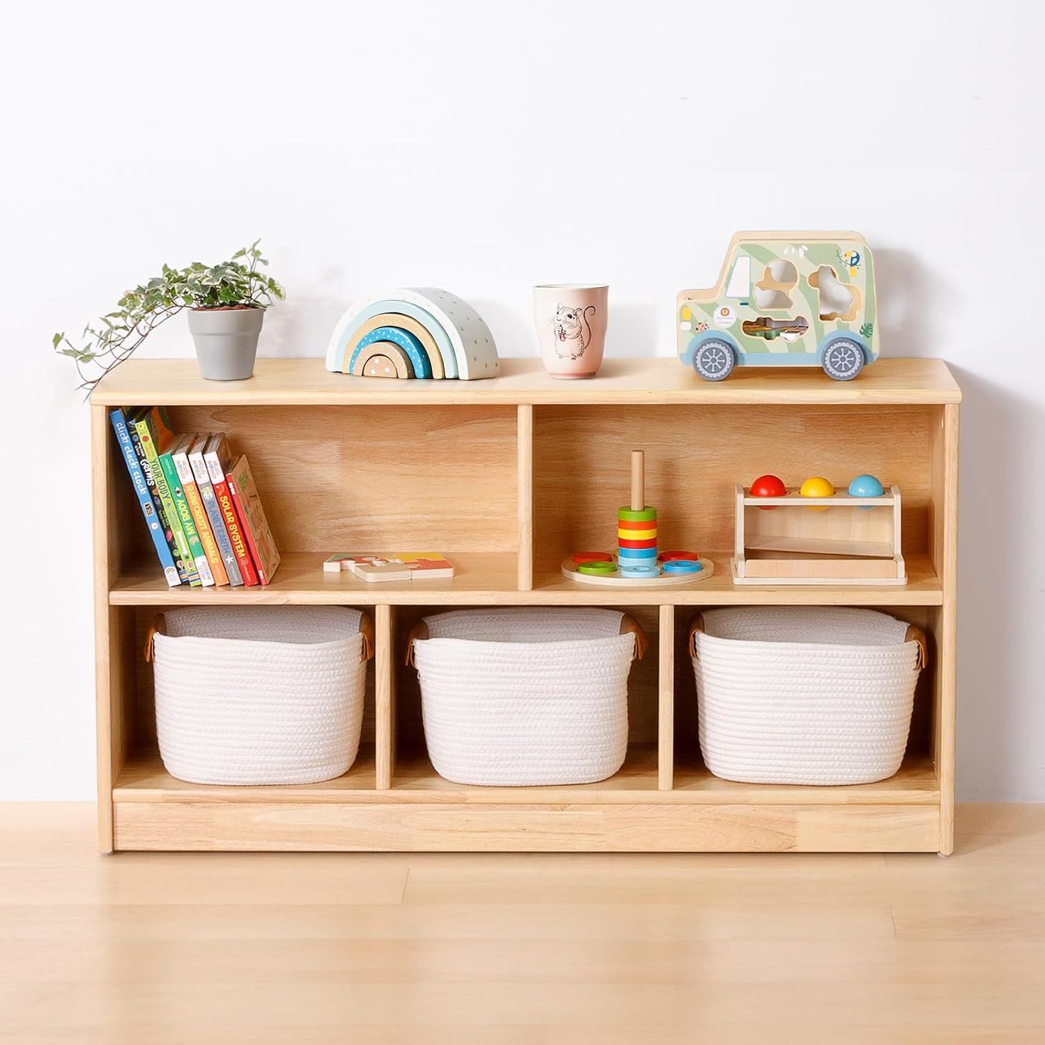 OOOK Rubber Wood 5-Compartment Montessori Shelf, 43.3' L, 2-Tier Toy Organizers and Storage, Wooden Storage Cabinet for Kids Room, Playroom, Nursery, Classroom, Kindergarten