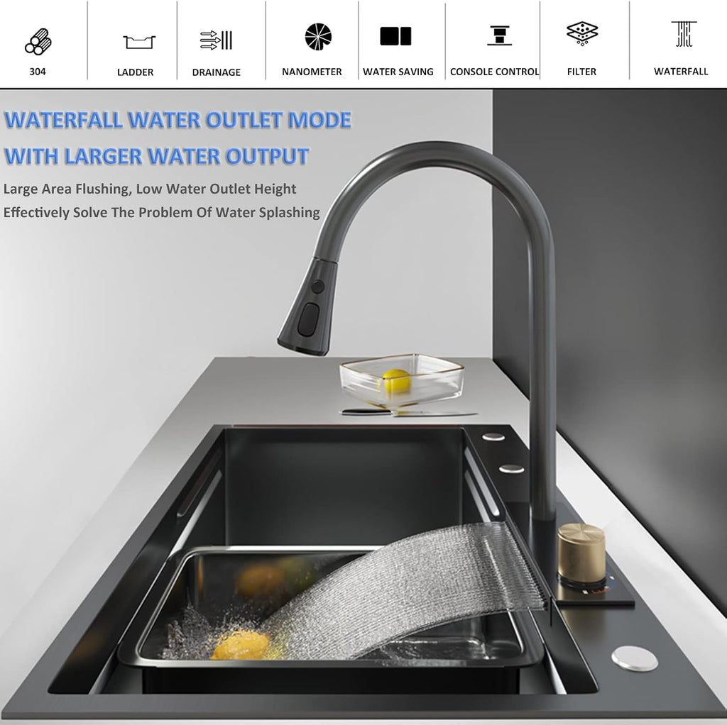 Black Single-Bowl Kitchen Sink 304 Stainless Steel Waterfall Bar Sink Multi-Function Rv Sink with Pull-Type Faucet and Installation Cponents Top Mount Or Under Mount (Color : Black, Siz