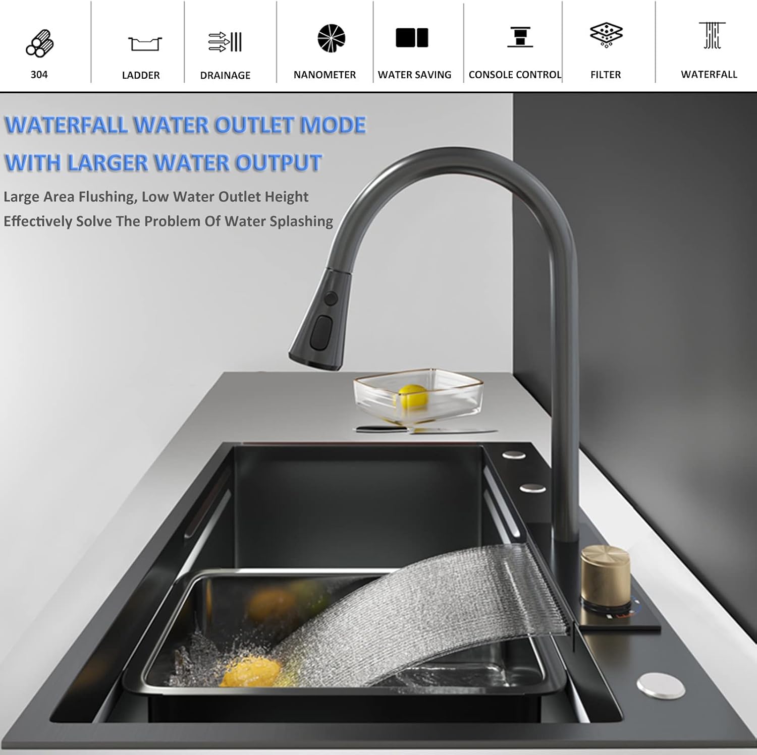 Black Single-Bowl Kitchen Sink 304 Stainless Steel Waterfall Bar Sink Multi-Function Rv Sink with Pull-Type Faucet and Installation Cponents Top Mount Or Under Mount (Color : Black, Siz