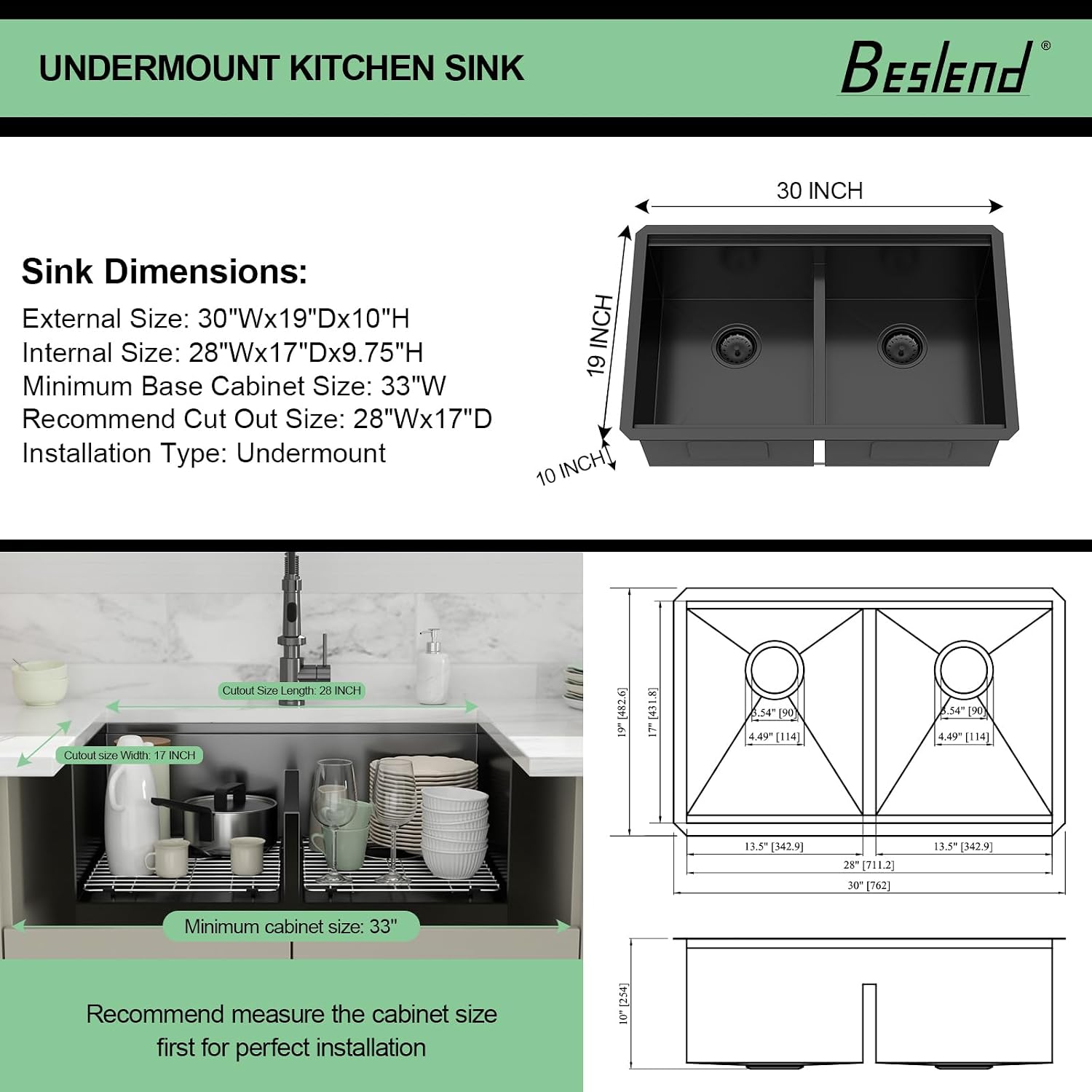 30 Black Undermount Kitchen Sink - 30x19 Gunmetal Black Double Bowl Kitchen Sinks Workstation 16 Gauge Stainless Steel Sink Low Divide Double Basin 50/50