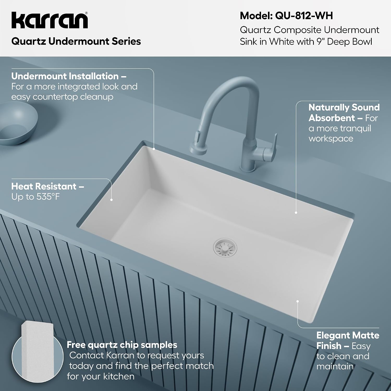 Karran 33 Inch White Undermount Single Bowl Quartz Composite Kitchen Sink, Extra Deep 9' Basin, Heat Scratch and Stain Resistant, Sound Dampening, Rear Drain Design – QU-812