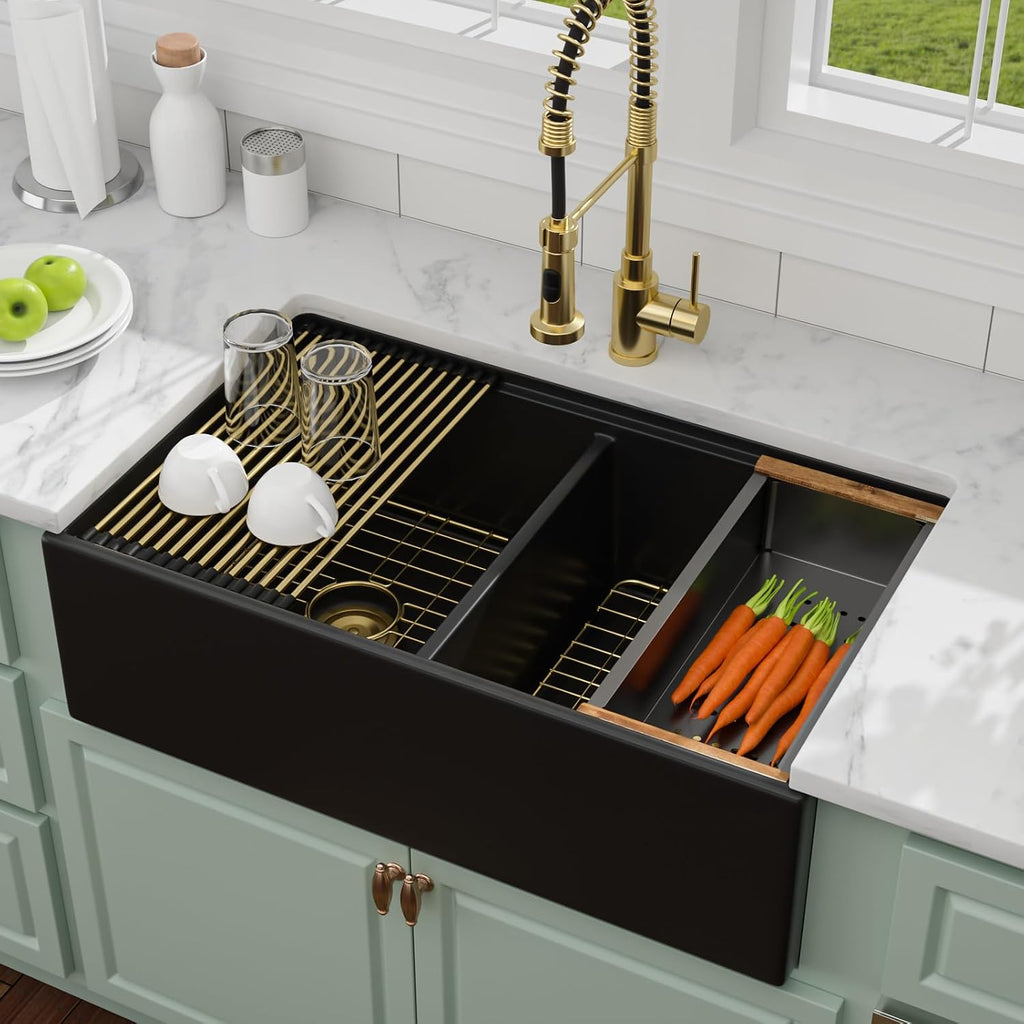 33 Inch Fireclay Kitchen Sink Apron Front Black Porcelain Ceramic Farmhouse Sinks Workstation, Double Bowl Farm Barn Sink, 33'x20'x10'