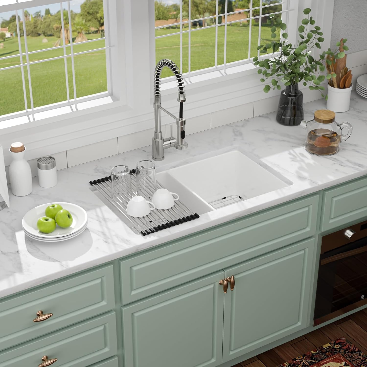 32 Inch White Undermount Kitchen Sink, 32'x19'x10' Fireclay Porcelain Sink, 50/50 Double Bowl Ceramic Kitchen Sinks Large Basin