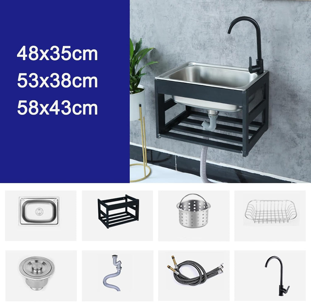 Wall-Mounted Kitchen Stainless Steel Sink, Single Bowl Kitchen Sinks, Utility Laundry Portable Handwashing Station, for Outdoor Indoor, Garage, Laundry/Utility Room,58x43cm-Small
