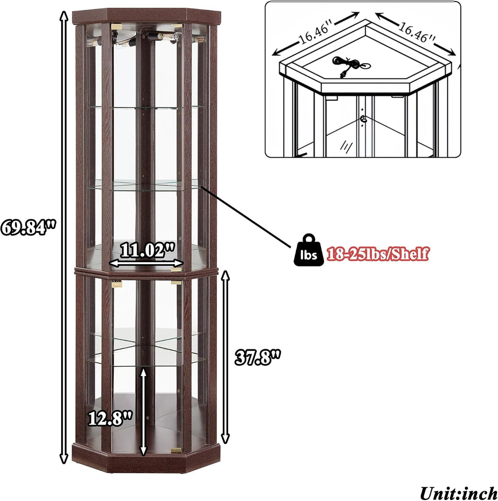 69' H Lighted Corner Display Cabinet, Curio Corner Glass Cabinet w/Adjustable Shelves & Glass Door, 5-Tier Wooden Storage Display Case w/Mirrored Back Pane for Living Room