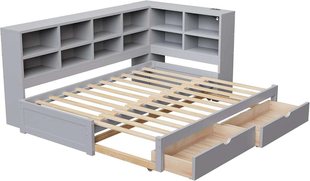 Merax Twin XL to King Size Daybed with Two Storage Drawers and Light, Wooden L-Shaped Corner Bed Sofa Bed with Storage Shelves and USB Ports, No Box Spring Needed, Gray
