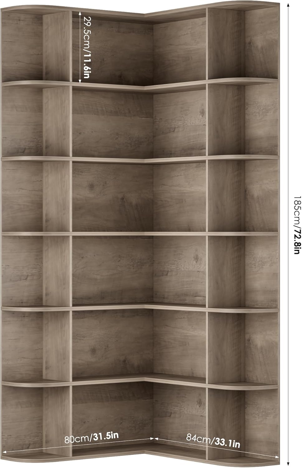 FOTOSOK 72' Tall Corner Bookshelf, 6-Tier Bookshelf and Bookcase with Open Storage, Tall Bookcases Wooden Storage Shelves for Home Office, Thickened Boards for Better Load Bearing, Vintage Grey