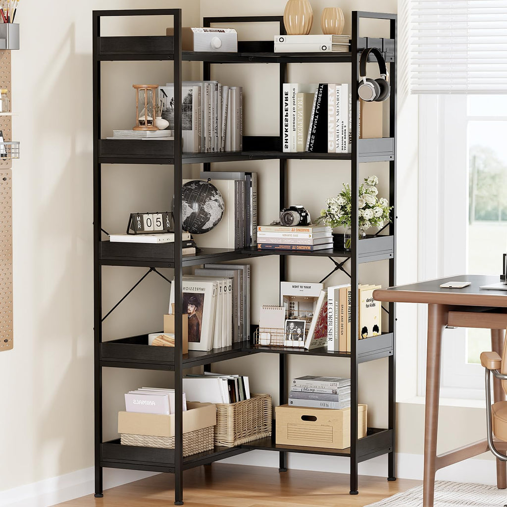 KOUSEI 5-Tier Corner Bookshelf, Reversible L-Shaped Bookcase with 4 Hooks, 65' Industrial Wood & Metal Storage Shelf for Living Room, Home Office & Bedroom, Black