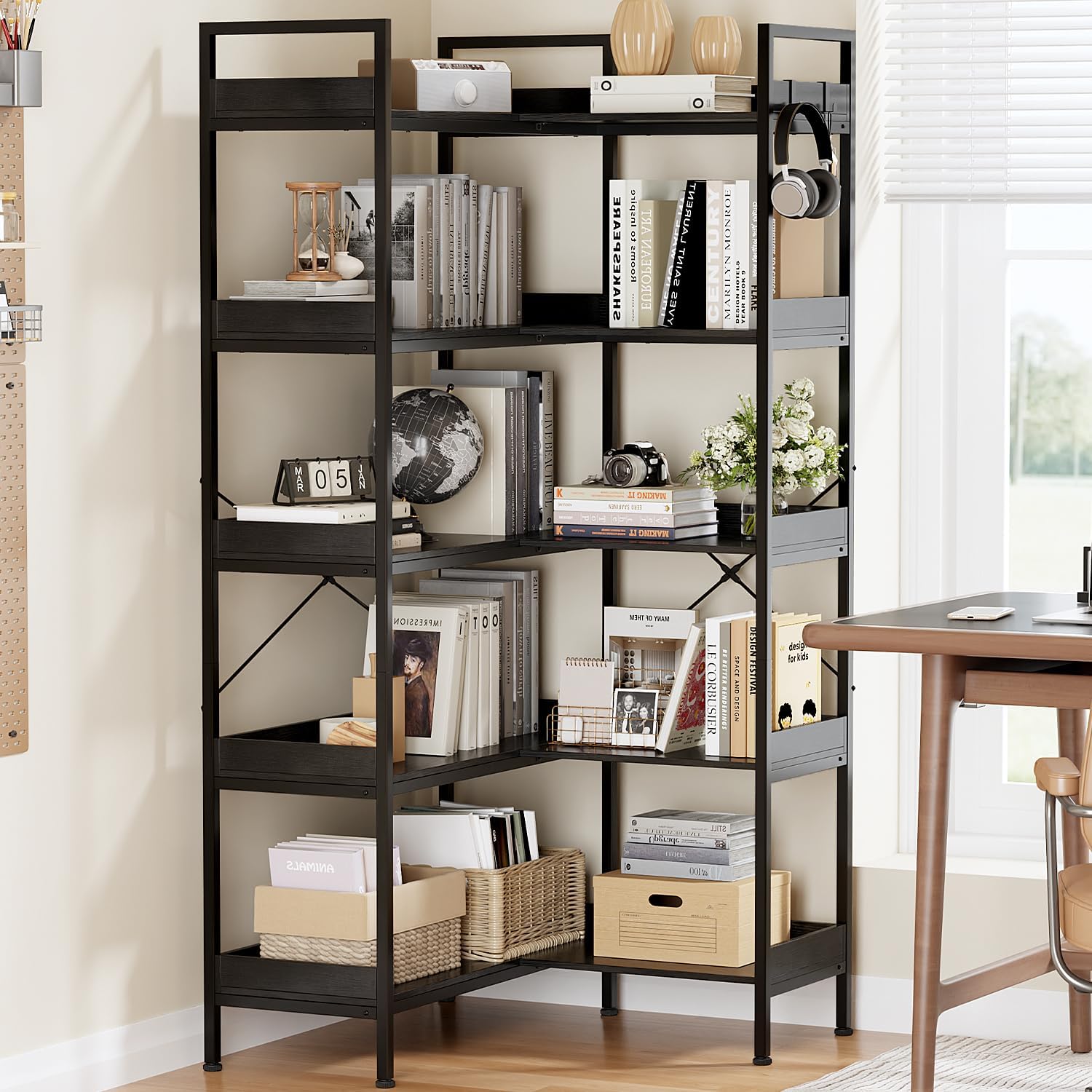 KOUSEI 5-Tier Corner Bookshelf, Reversible L-Shaped Bookcase with 4 Hooks, 65' Industrial Wood & Metal Storage Shelf for Living Room, Home Office & Bedroom, Black