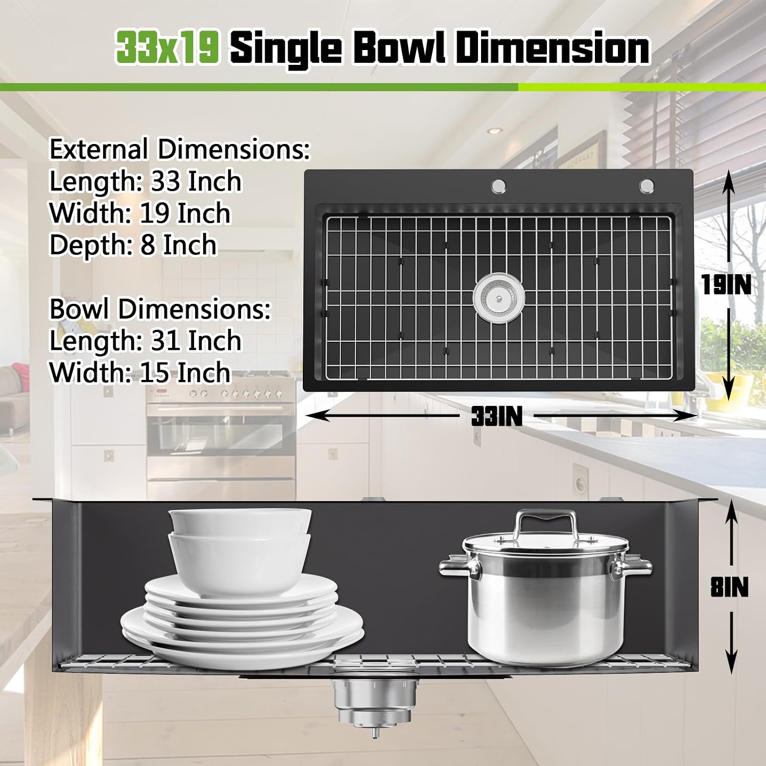 Black Kitchen Sink, 33x19 Inch Stainless Steel Drop In Modern Large Single Bowl Topmount Kitchen Sink Gift Combo-SS Grid,Silicon Mat, Drain Strainer Set Compatibility With Various Kitchen&Bar Styles