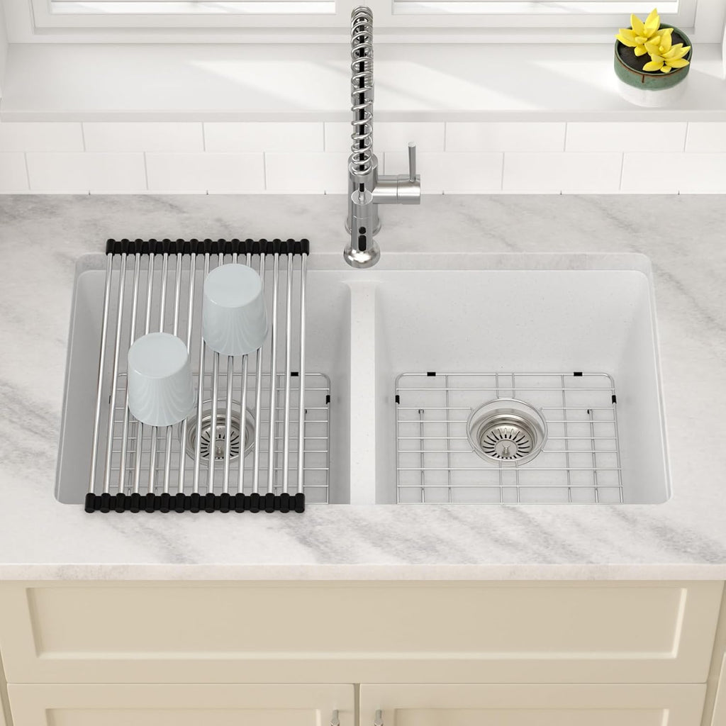 Dcolora 33 Inch Double Bowl Undermount Kitchen Sink White Deep Double Basin Prep Sink 50/50 Split Granite Composite 33'×19'×10',#DC-GU001W