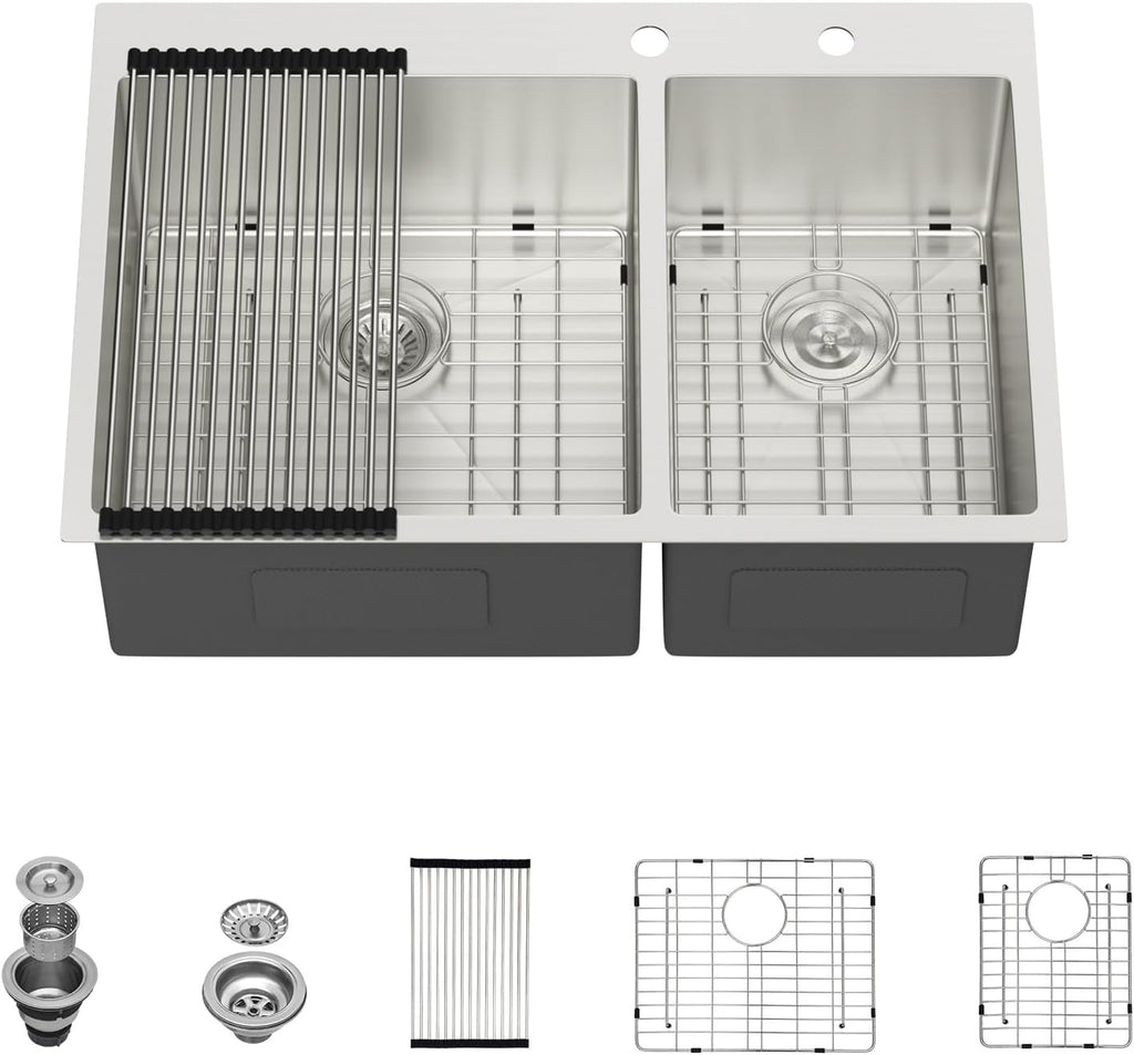 Lordear 33 Double Bowl Kitchen Sink Drop In Kitchen Sink 33X22 Inch Topmount Kitchen Sinks 60/40 16 Gauge Stainless Steel Over Counter Handmade Sinks