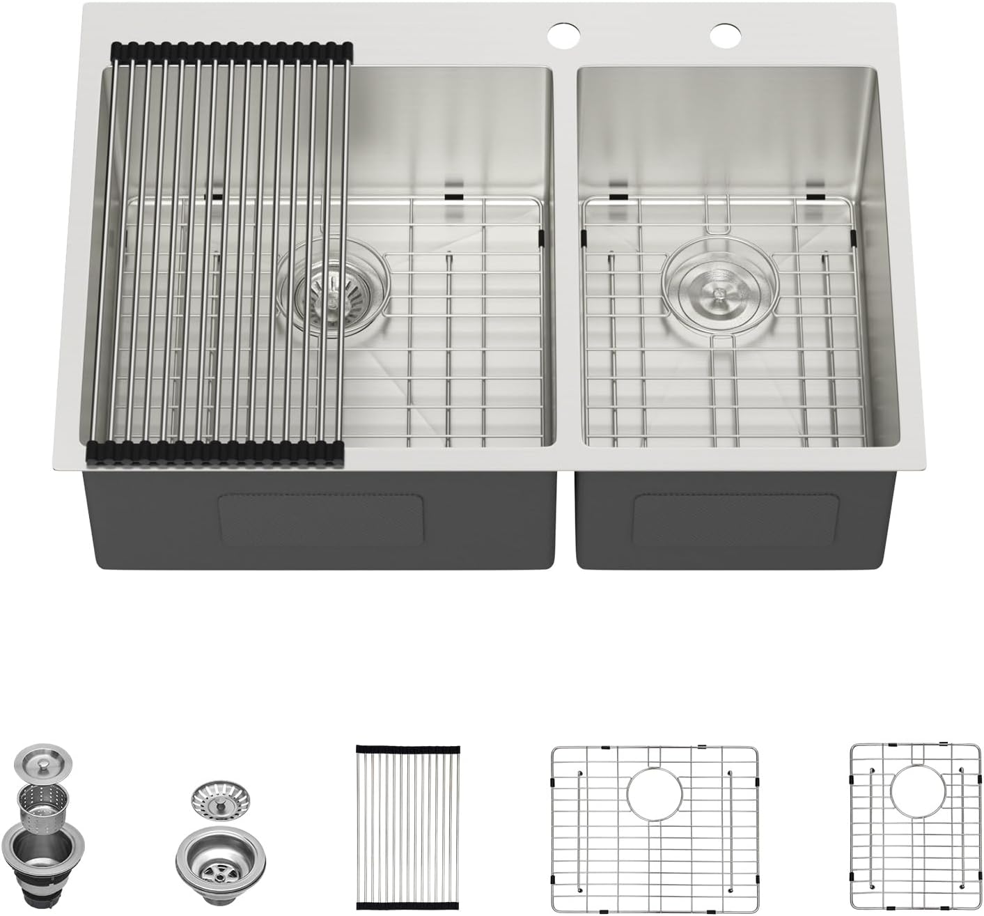 Lordear 33 Double Bowl Kitchen Sink Drop In Kitchen Sink 33X22 Inch Topmount Kitchen Sinks 60/40 16 Gauge Stainless Steel Over Counter Handmade Sinks