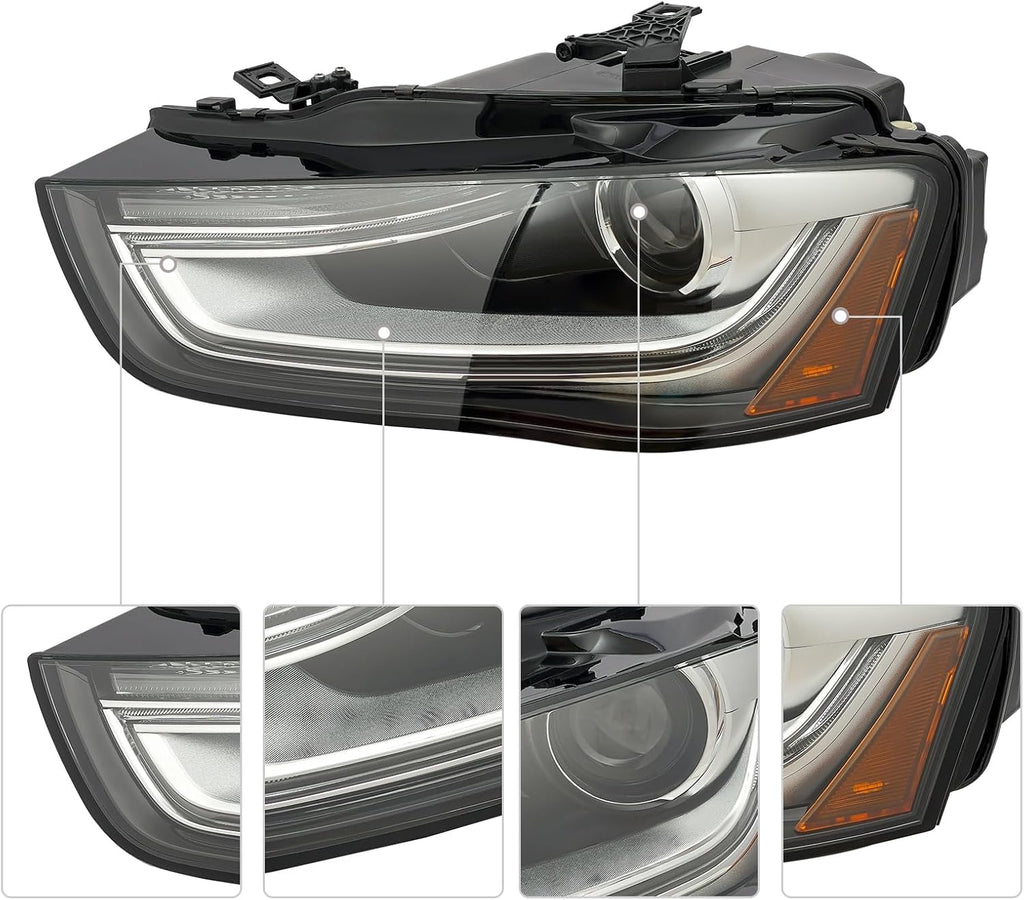 Left and Right Side Headlight Assembly, Passenger&Driver Side Xenon Headlight Lamp, HID/Xenon Non-AFS Projector Headlight Headlamp For 2013-2016 Audi A4 w/o Curve Lighting (Left)