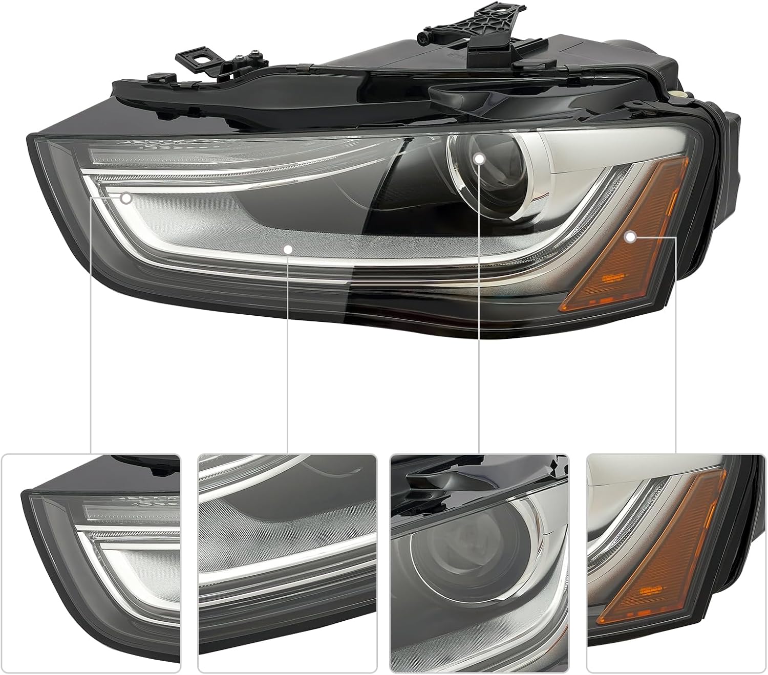 Left and Right Side Headlight Assembly, Passenger&Driver Side Xenon Headlight Lamp, HID/Xenon Non-AFS Projector Headlight Headlamp For 2013-2016 Audi A4 w/o Curve Lighting (Left)