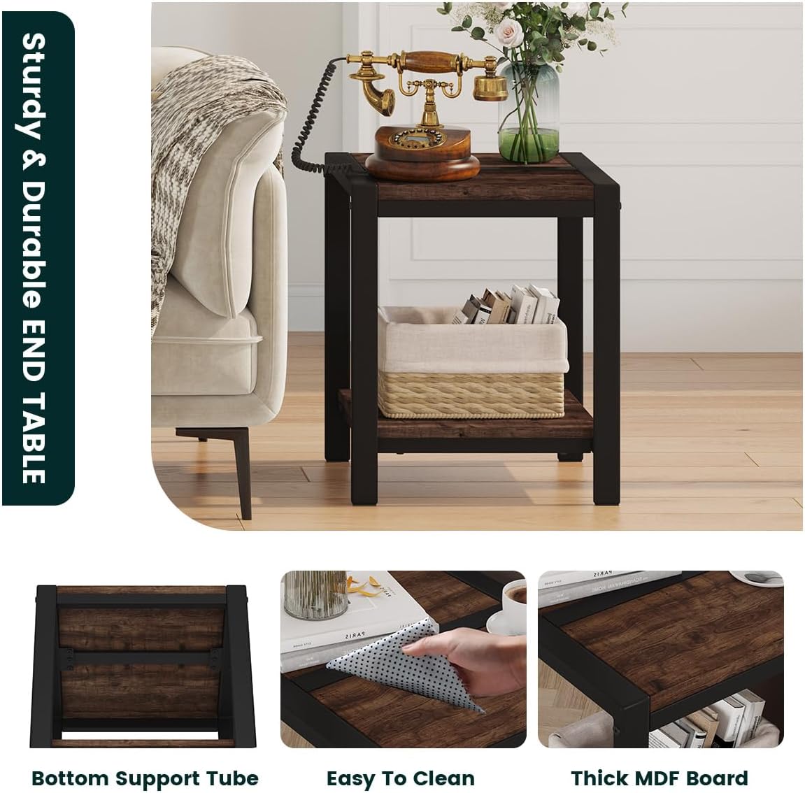 BON AUGURE End Table Set of 2, Small Side Table for Living Room, Night Stand, Bedside Tables with 2-Tier Storage Shelves for Bedroom, Small Spaces (Rustic Oak)