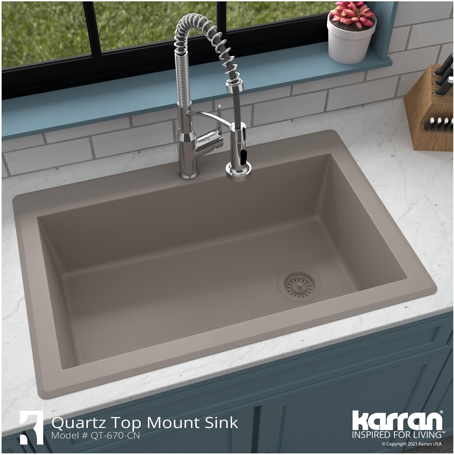 Karran QT-670 Drop-In/Top Mount 33' Single Bowl Granite Quartz Composite Kitchen Sink in Concrete, Right Side Drain, Extra Deep 9' Basin, Heat & Scratch Resistant, Sound Dampening