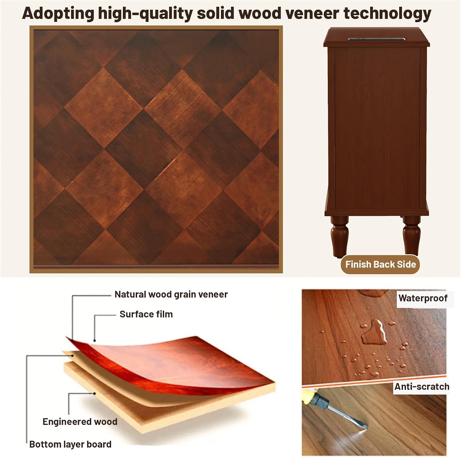 Wood End Table with Charging Station, Fully Assembled Slim Side Table with Drawers, Narrow Nightstand Bedside Table for Small Spaces, Living Room, Bedroom,Walnut