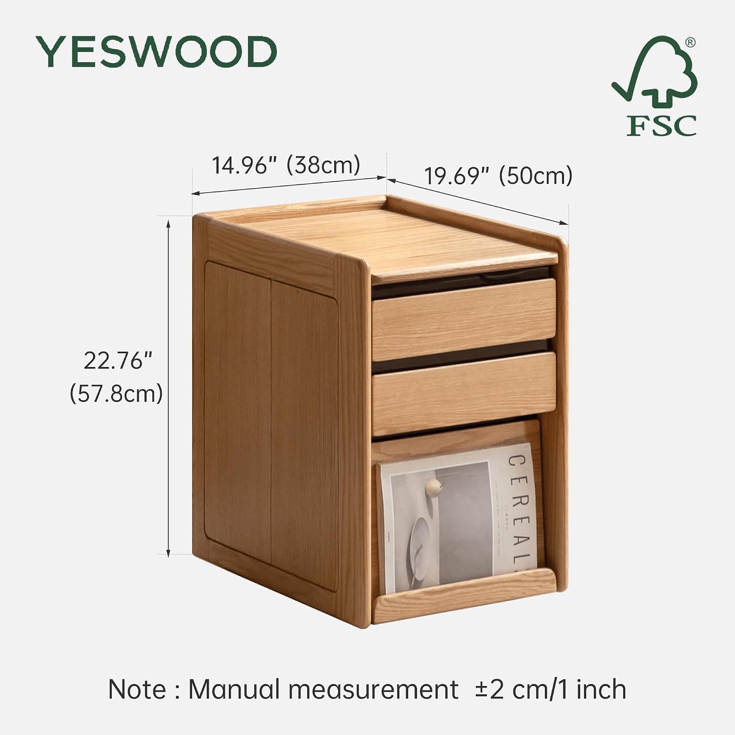 YESWOOD Solid Oak Wood Side Table with Wheels, Rolling Side Table with Storage, Narrow Bed End Tables for Bedroom, Living Room, Study(Natural, 19.69' D x 14.96' W x 22.76' H)