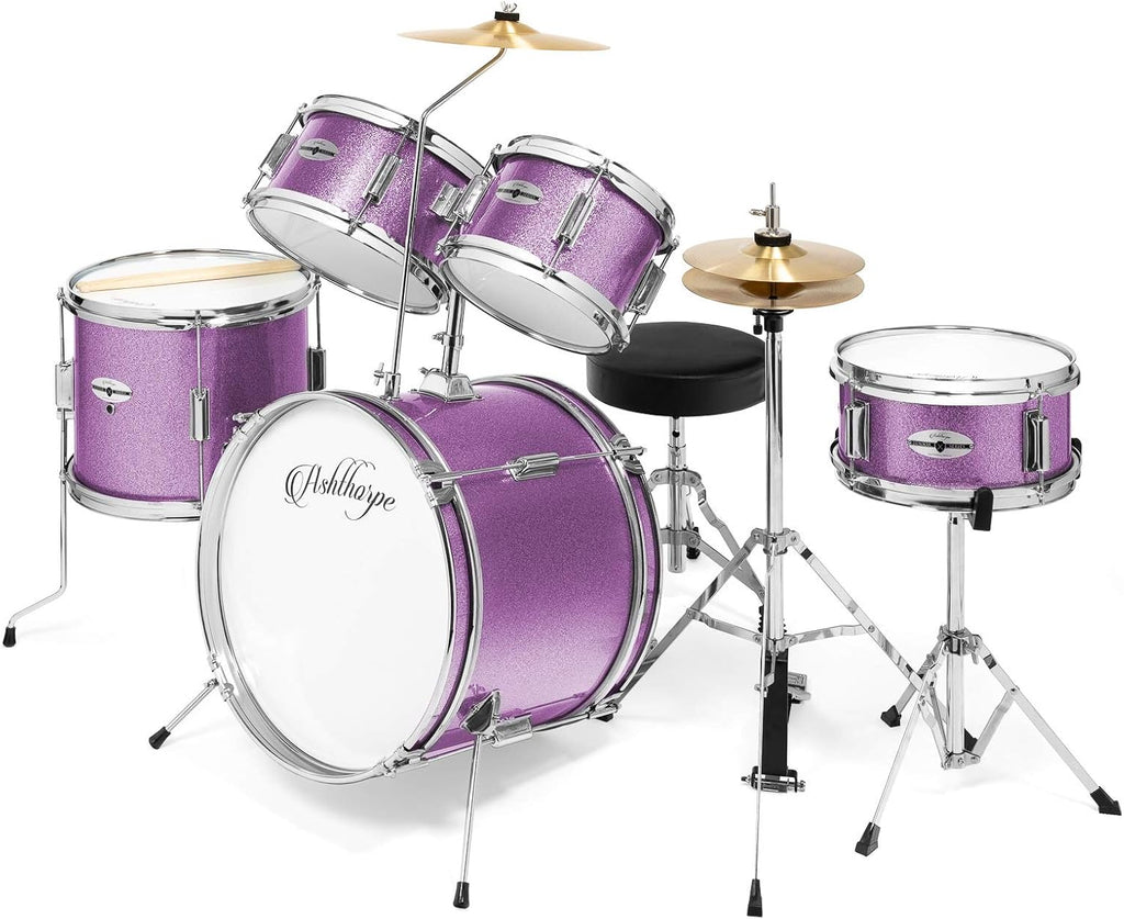Ashthorpe 5-Piece Complete Junior Drum Set with Genuine Brass Cymbals - Advanced Beginner Kit with 16' Bass, Adjustable Throne, Cymbals, Hi-Hats, Pedals & Drumsticks - Purple