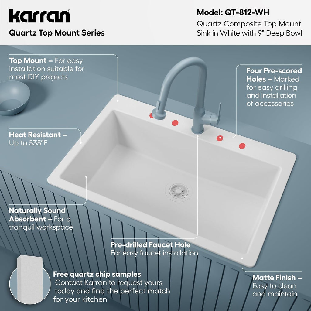 Karran 33' Drop-In Top Mount Quartz Composite Single Bowl Kitchen Sink in White – Extra Deep 9' Basin, Heat Resistant, Sound Dampening, Easy Clean Surface